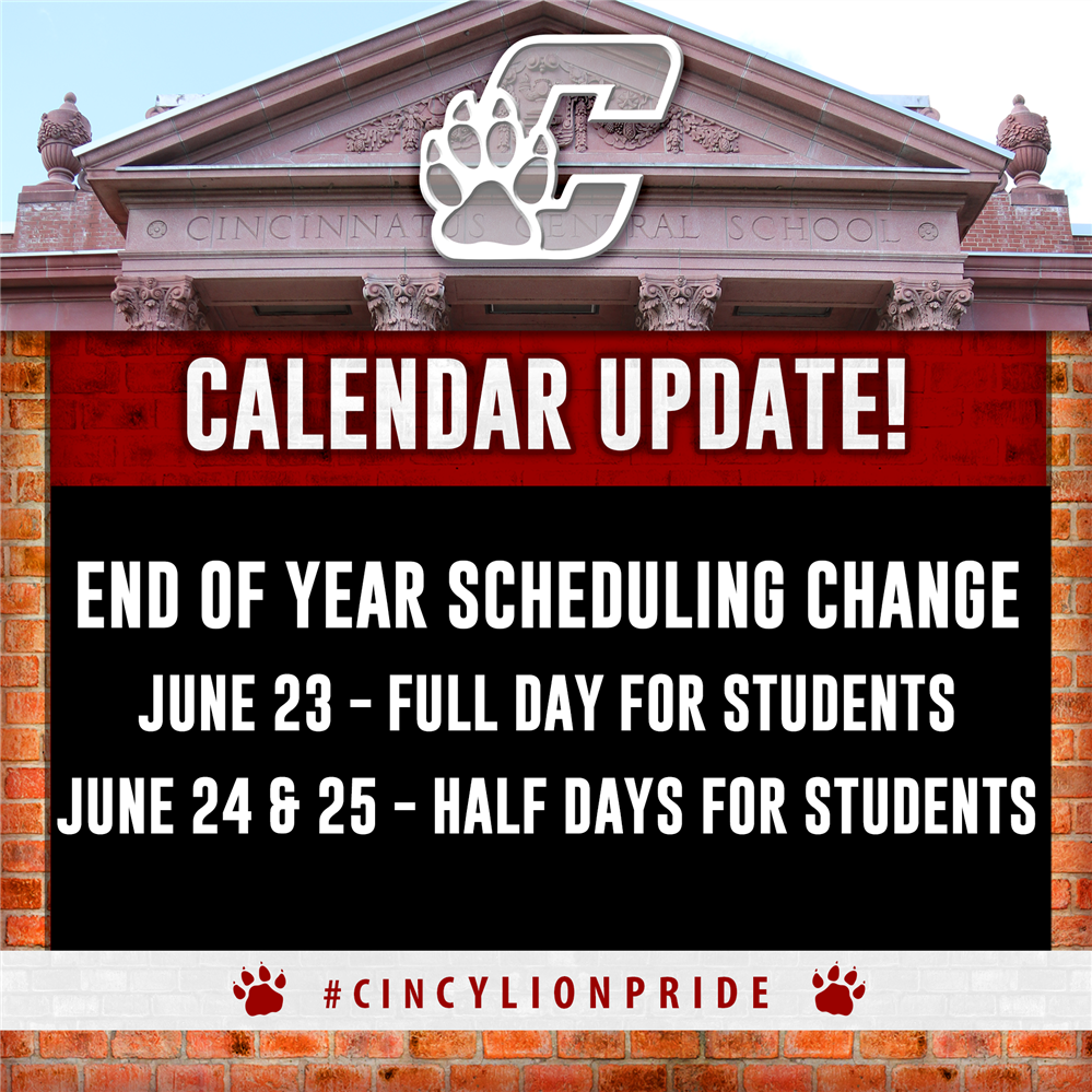  Text reading: "schedule change. June 23 - Full day for students. June 24 & 25 - half days for stude